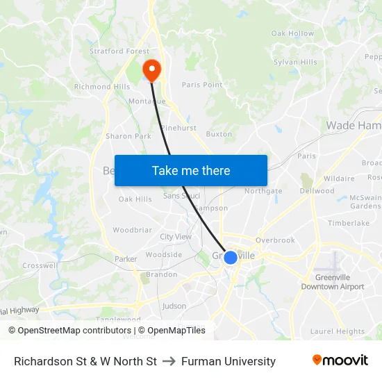 Richardson St & Buncombe St to Furman University map