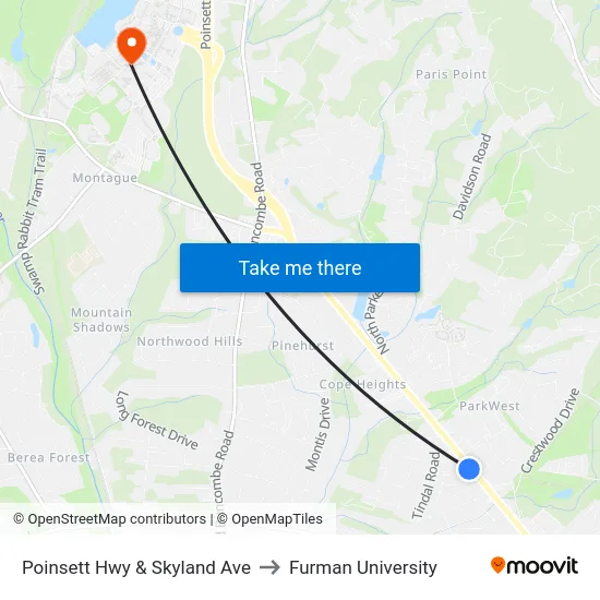 Poinsett Hwy & Skyland Ave to Furman University map