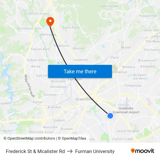 Frederick St & Mcalister Rd to Furman University map