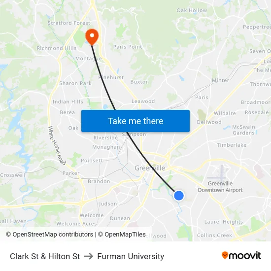 Clark St & Hilton St to Furman University map