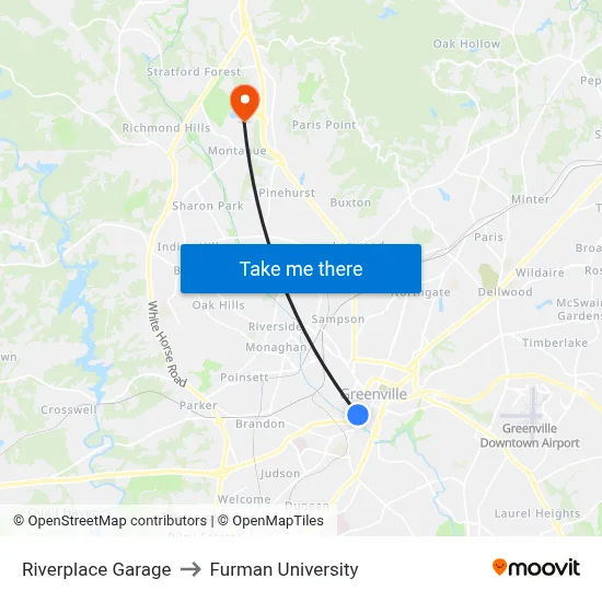 Riverplace Garage to Furman University map