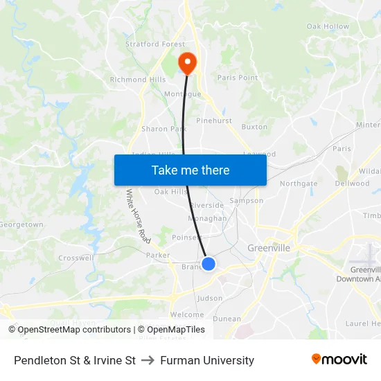 Pendleton St & Irvine St to Furman University map