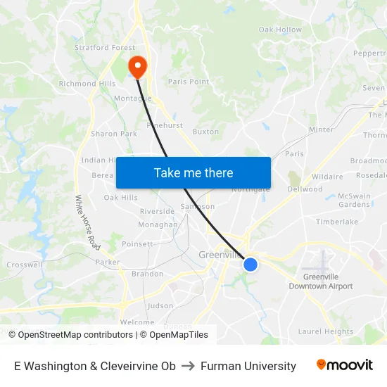 E Washington & Cleveirvine Ob to Furman University map