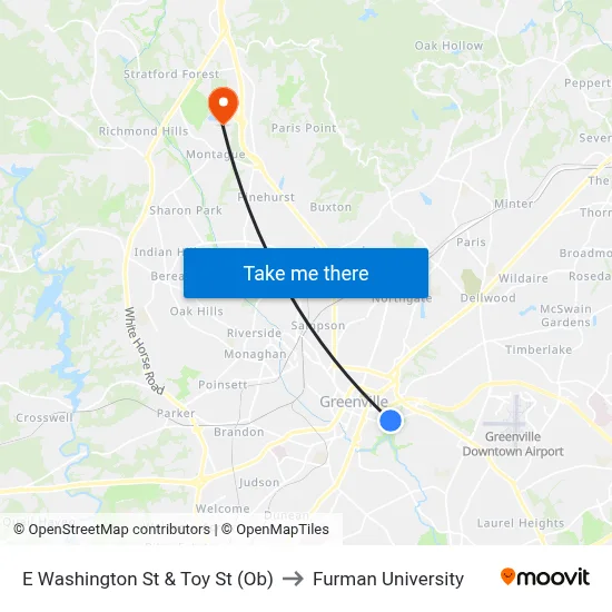 E Washington St & Toy St (Ob) to Furman University map