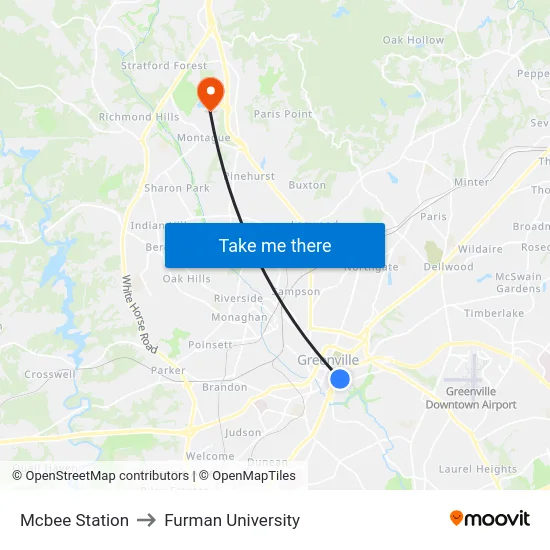 Mcbee Station to Furman University map