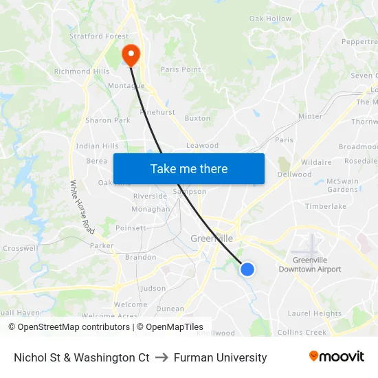 Nichol St & Washington Ct to Furman University map