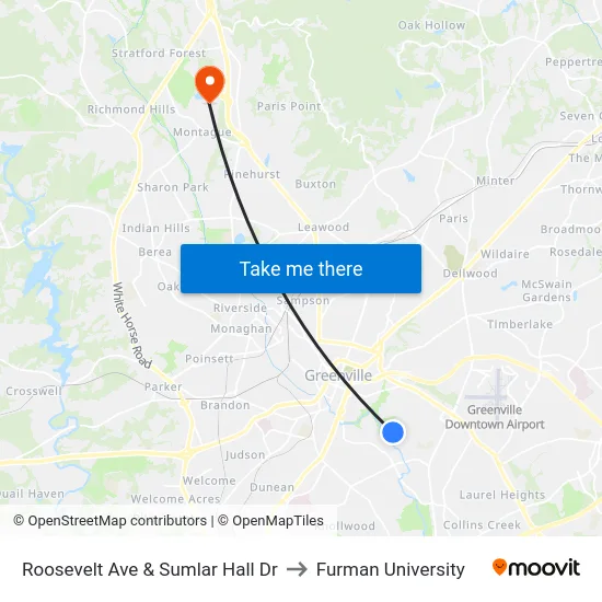 Roosevelt Ave & Sumlar Hall Dr to Furman University map