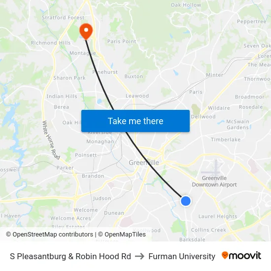 S Pleasantburg & Robin Hood Rd to Furman University map