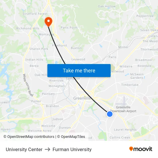 University Center to Furman University map