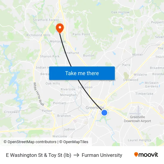 E Washington St & Toy St (Ib) to Furman University map