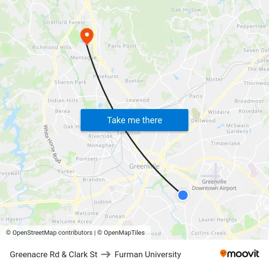 Greenacre Rd & Clark St to Furman University map