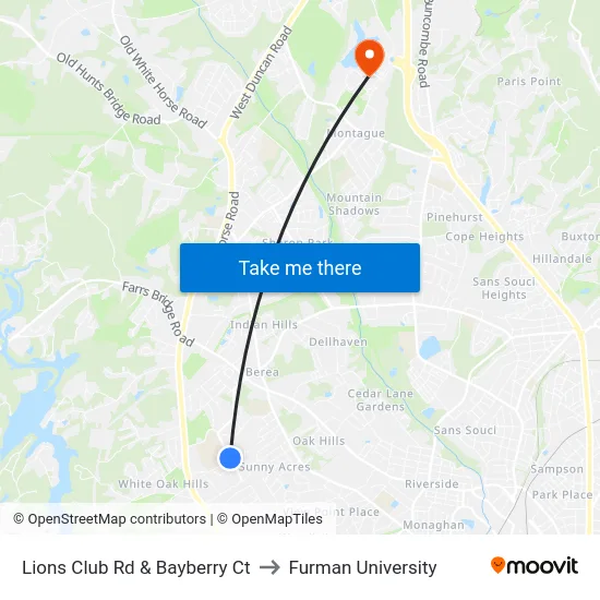 Lions Club Rd & Bayberry Ct to Furman University map
