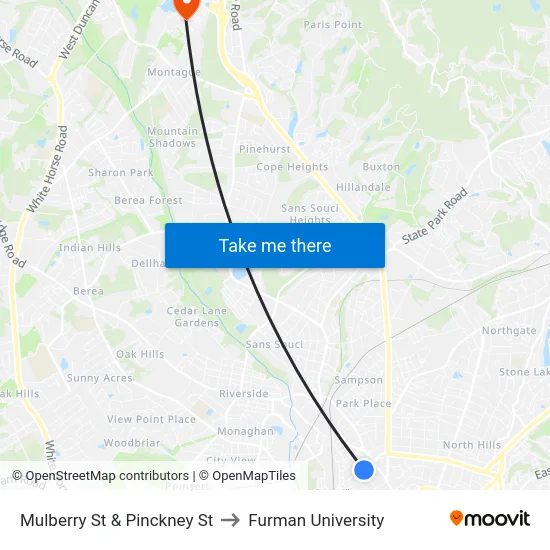 Mulberry St & Pinckney St to Furman University map