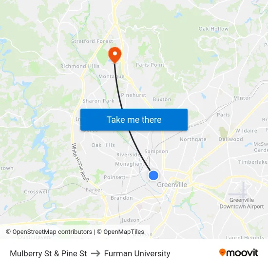 Mulberry St & Pine St to Furman University map