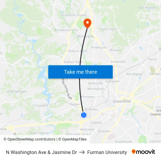 N Washington Ave & Jasmine Dr to Furman University map