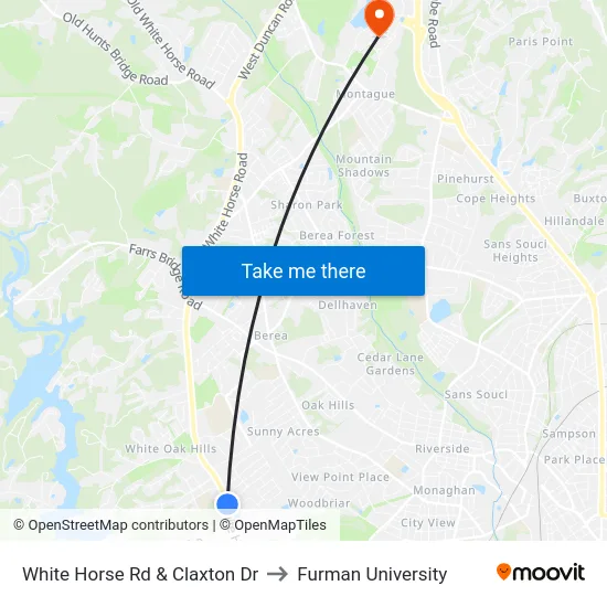 White Horse Rd & Claxton Dr to Furman University map