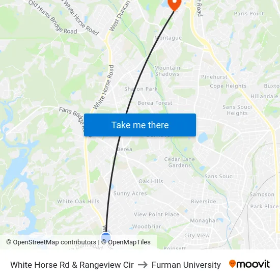 White Horse Rd & Rangeview Cir to Furman University map
