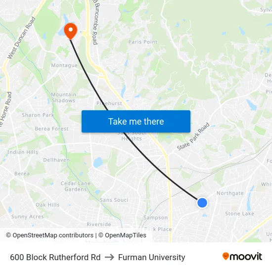 600 Block Rutherford Rd to Furman University map