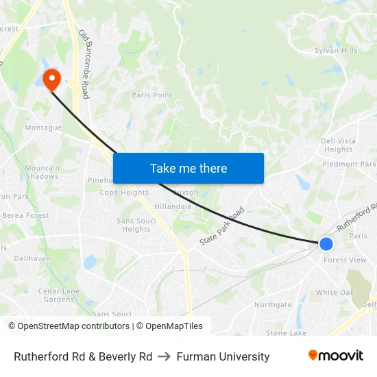 Rutherford Rd & Beverly Rd to Furman University map