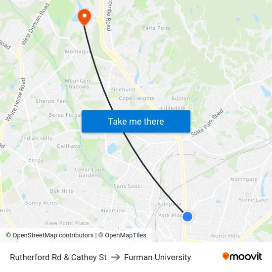Rutherford Rd & Cathey St to Furman University map
