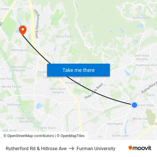 Rutherford Rd & Hillrose Ave to Furman University map