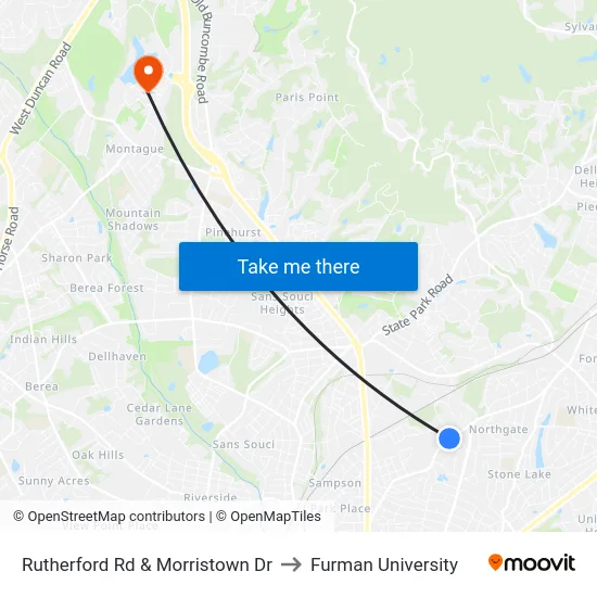 Rutherford Rd & Morristown Dr to Furman University map