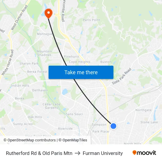 Rutherford Rd & Old Paris Mtn to Furman University map