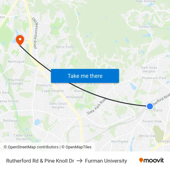 Rutherford Rd & Pine Knoll Dr to Furman University map