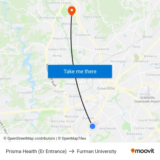 Prisma Health (Er Entrance) to Furman University map