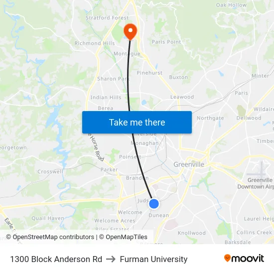 1300 Block Anderson Rd to Furman University map
