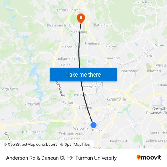 Anderson Rd & Dunean St to Furman University map