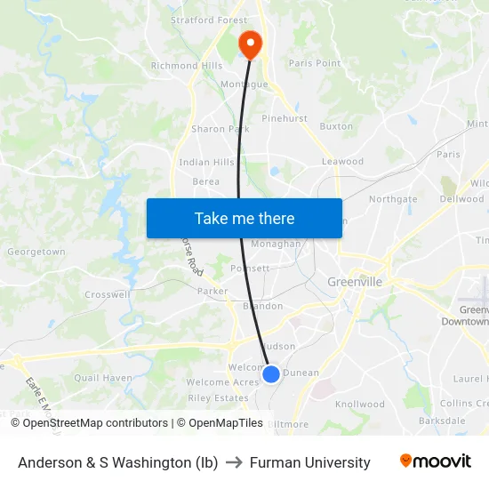 Anderson & S Washington (Ib) to Furman University map