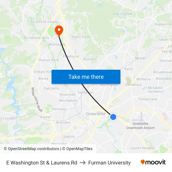 E Washington St & Laurens Rd to Furman University map