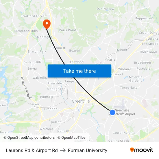 Laurens Rd & Airport Rd to Furman University map