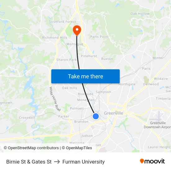 Birnie St & Gates St to Furman University map