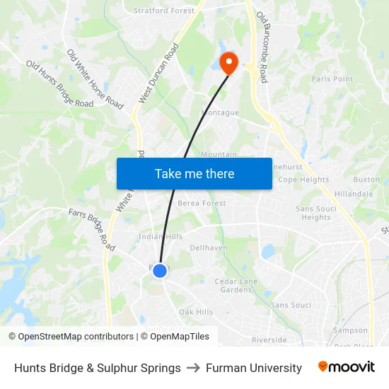 Hunts Bridge & Sulphur Springs to Furman University map
