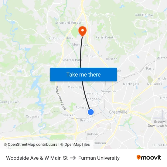 Woodside Ave & W Main St to Furman University map