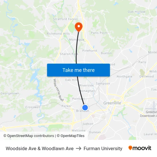Woodside Ave & Woodlawn Ave to Furman University map