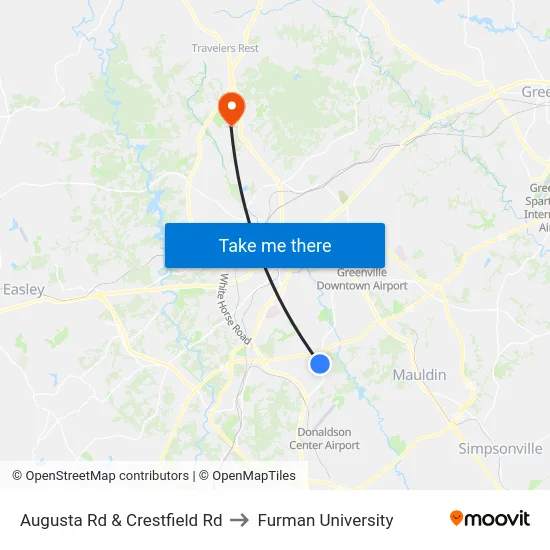 Augusta Rd & Crestfield Rd to Furman University map
