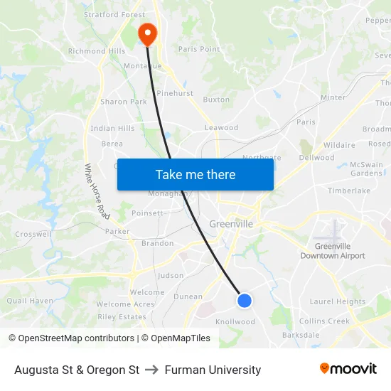 Augusta St & Oregon St to Furman University map