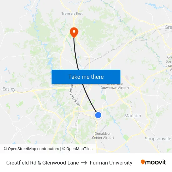 Crestfield Rd & Glenwood Lane to Furman University map