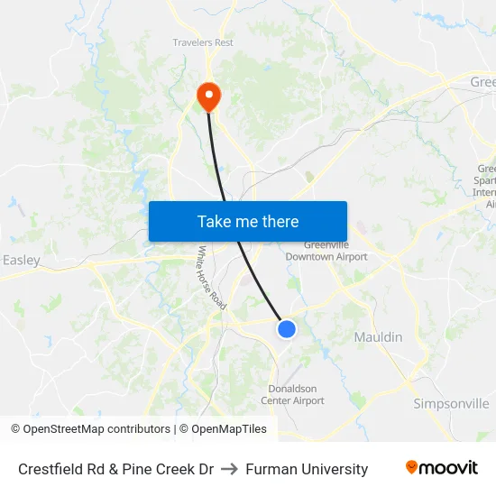 Crestfield Rd & Pine Creek Dr to Furman University map