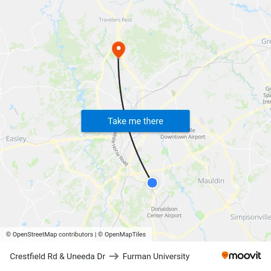Crestfield Rd & Uneeda Dr to Furman University map