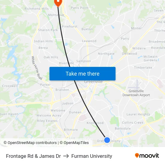 Frontage Rd & James Dr to Furman University map