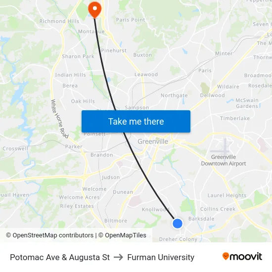 Potomac Ave & Augusta St to Furman University map