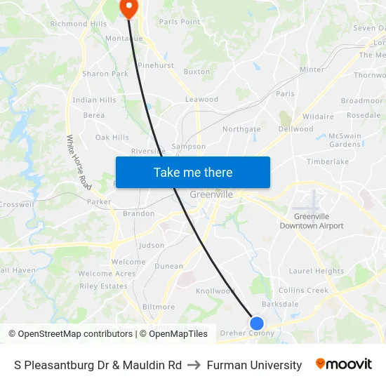 S Pleasantburg Dr & Mauldin Rd to Furman University map