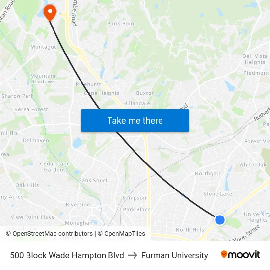 500 Block Wade Hampton Blvd to Furman University map