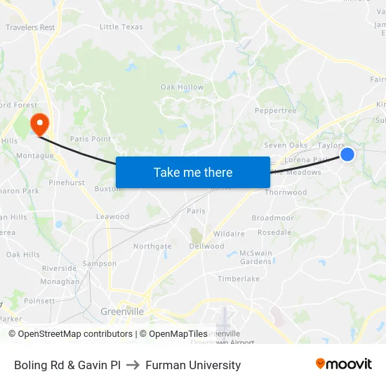 Boling Rd & Gavin Pl to Furman University map