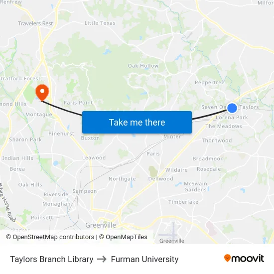 Taylors Branch Library to Furman University map