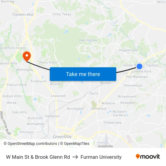 W Main St & Brook Glenn Rd to Furman University map